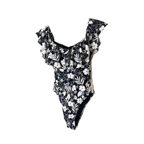 NWT Cabana del Sol Black w/Floral Print, Lined, Ruffled, One-Piece Swimsuit - S - Picture 6 of 7